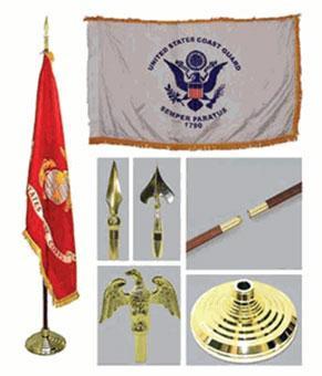 Coast Guard indoor flag kit featuring a 3ft x 5ft flag with gold fringe, flagpole, and base, ideal for display in various settings.