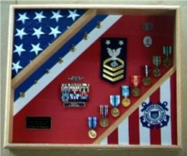 Coast Guard Flag Display Case showcasing flags with blue, white, and red stripes, made from Red Oak with customizable background colors.