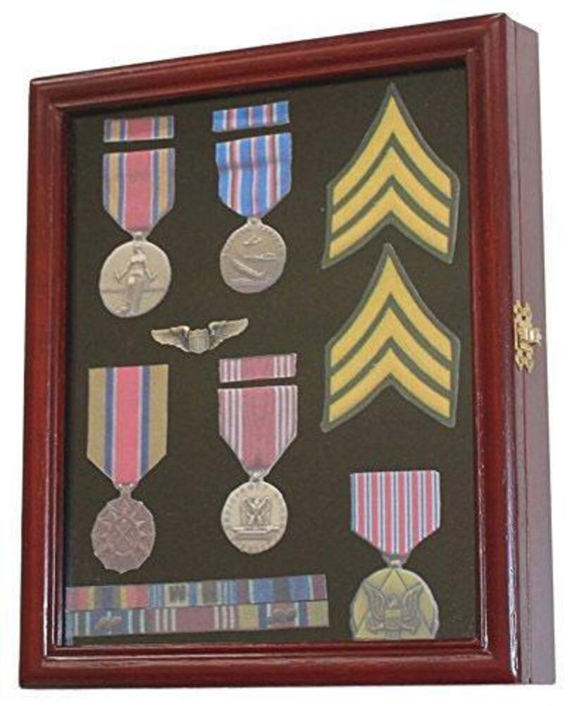 Cherry finish display case cabinet for military medals with glass door and lockable latches.