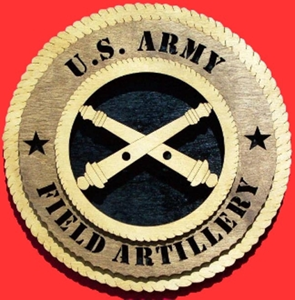 Handmade 3D Field Artillery Wall Tribute plaque featuring US emblem, available in 12-inch and 9-inch sizes.