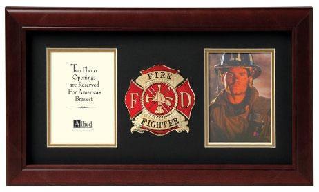 Flag Connections Fire Fighter Dual Picture Frame featuring a die-cast firefighter medallion and two vertical photo openings.