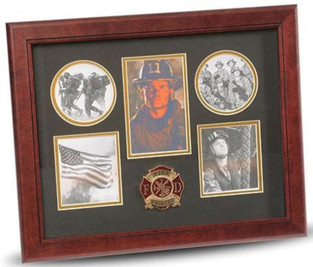 Flag Connections Firefighter Medallion 5-Picture Collage Frame showcasing five photo slots with elegant black matting and gold trim.