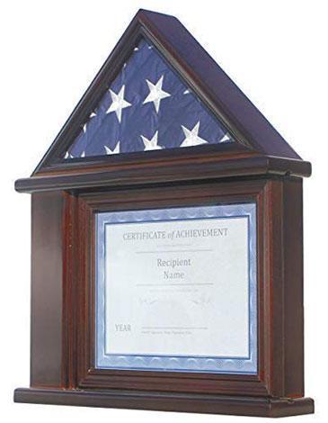 Elegant Flag Connections display case with a walnut finish, showcasing a folded 3' x 5' flag and an 8.5” x 11” certificate.