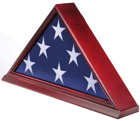 Cherry finish triangle flag display case with glass cover, showcasing a flag inside.