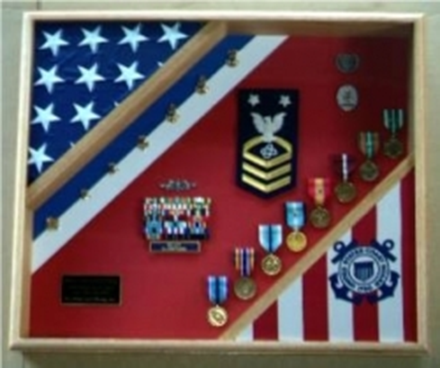 Flag Connections Flag Display Case showcasing an American flag with a stylish oak finish, designed for displaying memorabilia.