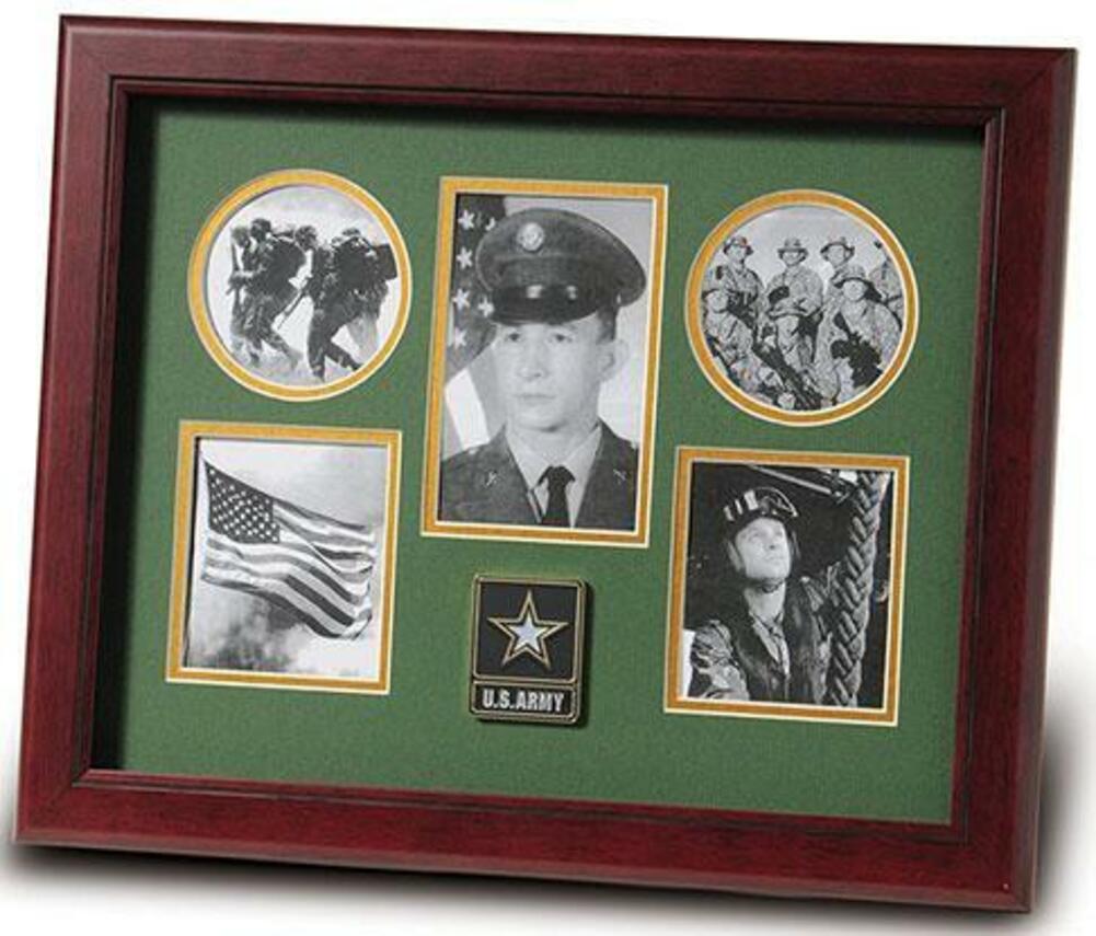 Go Army Medallion 5-Picture Collage Frame featuring Army Green matting and gold trim, designed to hold five cherished photos.