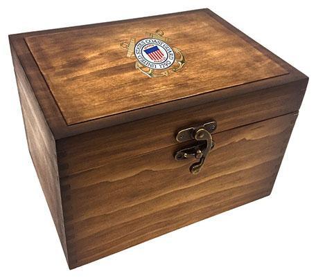 Flag Connections Coast Guard Keepsake Box with gold-plated medallion and dark oak finish, featuring a removable shelf tray and brass latch.