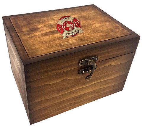 Handcrafted Firefighter Keepsake Box with gold-plated medallion and dark oak finish, featuring a removable shelf tray and brass latch.