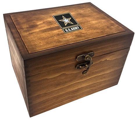 Go Army Keepsake Box with dark oak finish and gold-plated medallion, featuring a removable shelf tray and brass latch.