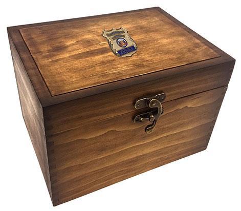 Flag Connections Police Keepsake Box with gold-plated medallion and dark oak finish, featuring a removable shelf tray and brass latch.