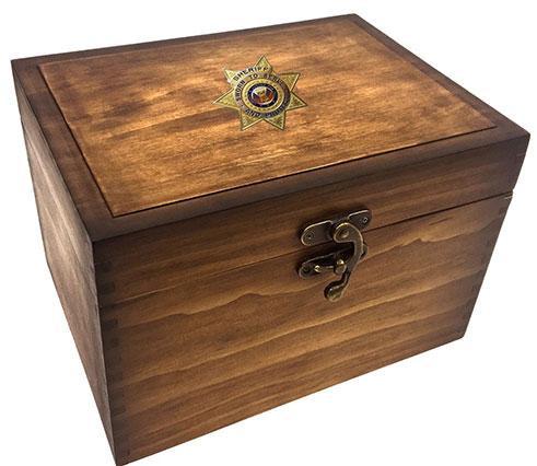 Flag Connections Sheriff Keepsake Box with gold-plated medallion and dark oak finish, featuring a removable shelf tray and brass latch.