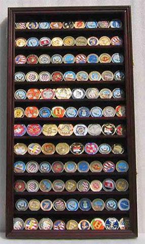 LOCKABLE Military Challenge Coin Display Case Cabinet made of solid wood with 12 shelves and a crystal clear glass door.