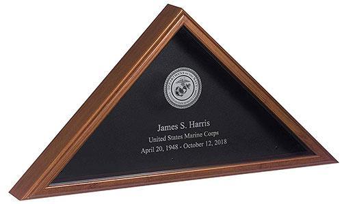 Personalized burial flag case made in the USA, showcasing a 5' x 9.5' memorial flag with elegant wood molding and Sedona vinyl veneer.