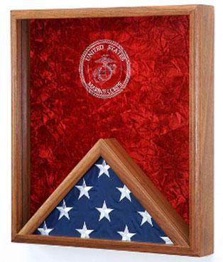 Marine Corps Flag Medal Display Case made of solid oak with crushed velvet background and glass front, featuring personalized laser engraving.