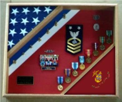 USMC Shadow Box displaying flags and medals, crafted in Red Oak, Walnut, or Cherry finishes.