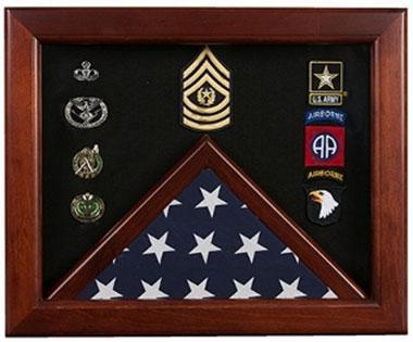 Master Sergeant Flag Display Case with luxurious crushed velvet interior, designed for triangularly folded flags and military memorabilia.