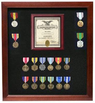 Elegant Flag Connections Medal and Document Case made from solid wood, displaying a flag and document with luxurious black felt backing.