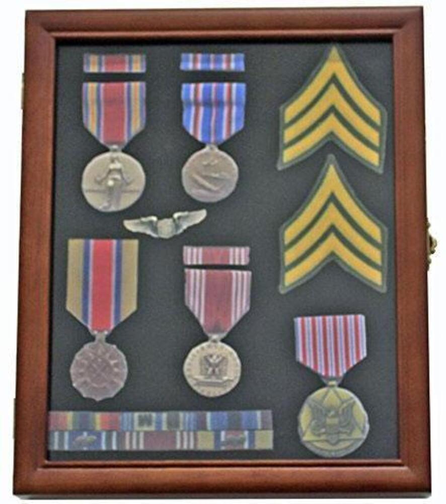 Flag Connections Medal Display Case with glass door, showcasing medals and badges in a solid wood frame.