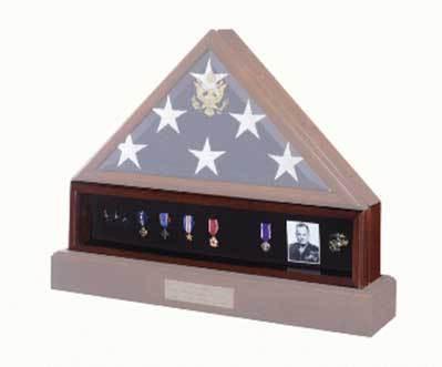 Flag Connections Medal Display Case in Heirloom Walnut finish, showcasing medals with a glass front and black Velcro insert.