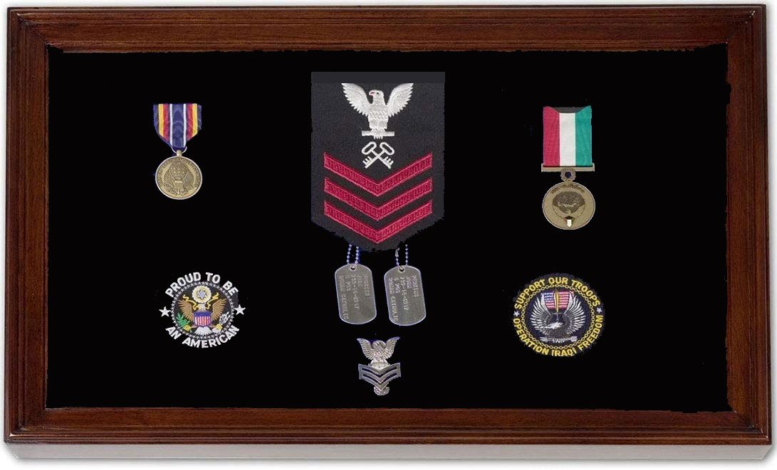 Large military award shadow box display case made of solid mahogany with shatter-proof Plexiglas and customizable felt backing.