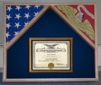 Flag Connections Military Flag Case displaying two flags and a certificate in an elegant oak finish with a colorful background.