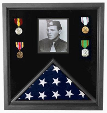 Elegant Military Photo Flag and Medal Display Case made of cherry wood, featuring a clear plexiglass front and black boarded back, designed for 3 X 5 flags.