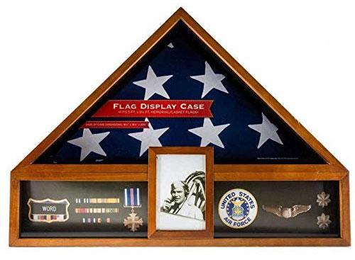 Elegant oak military veteran flag and medal display case showcasing a memorial flag, medals, and a photo.