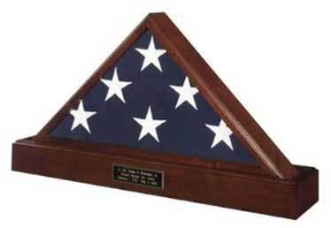 Flag Connections National Pedestal Urn and Flag Case made of solid cherry wood with a walnut finish, displaying an American flag.