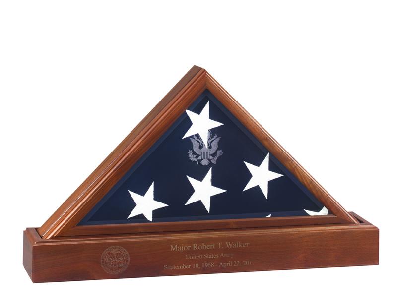 Flag Connections National Pedestal Urn and Flag Case made of solid cherry wood with a walnut finish, displaying an American flag.