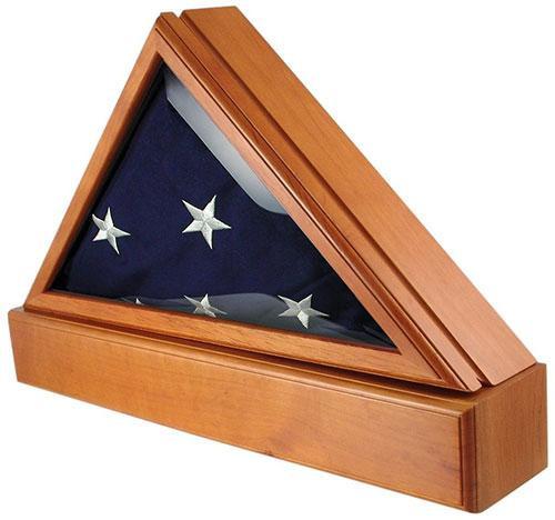 Officers Flag Display Case showcasing a 5ft x 9.5ft flag in oak finish with beveled glass front and hinged lid.