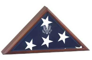 A handcrafted wooden flag display case with beveled glass front, showcasing an American flag, personalized with laser engraving.