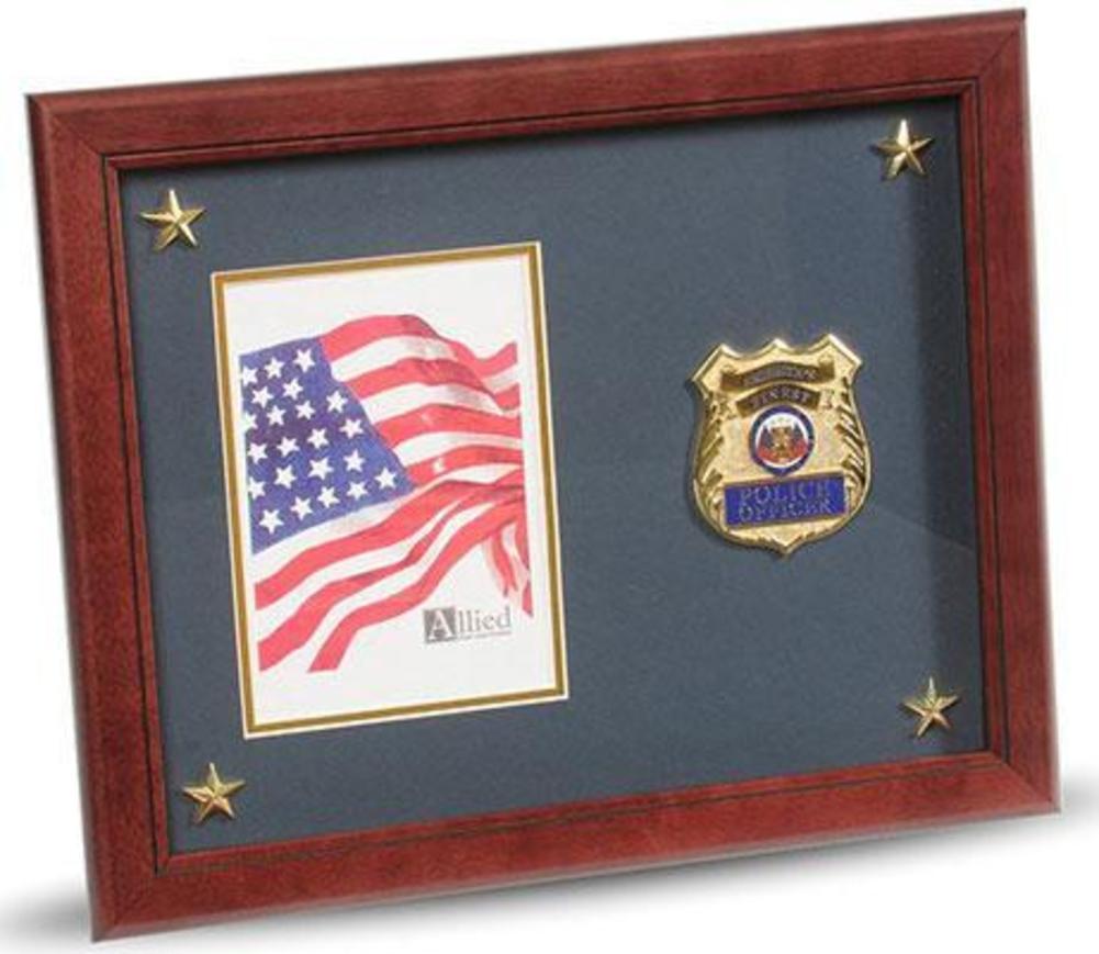 Police Department Medallion Picture Frame with Stars, featuring a mahogany finish, gold trim, and star accents, designed for a 5x7 inch photo.