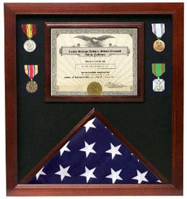 Flag Connections Police Medal and Flag Display Case made from solid wood with a cherry walnut finish, featuring a plexiglass viewing pane and black felt backing.