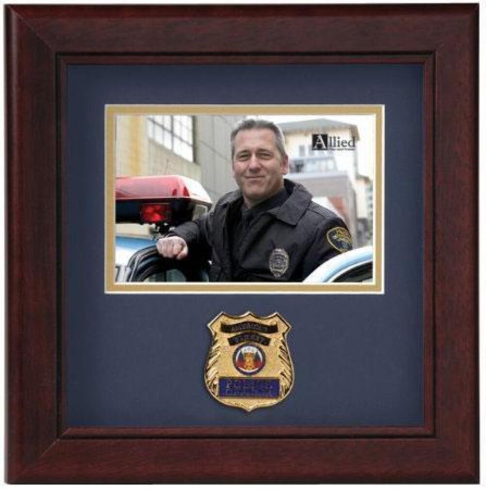 Mahogany colored wooden picture frame with Police Officer medallion, displaying a 4x6 inch photo opening.