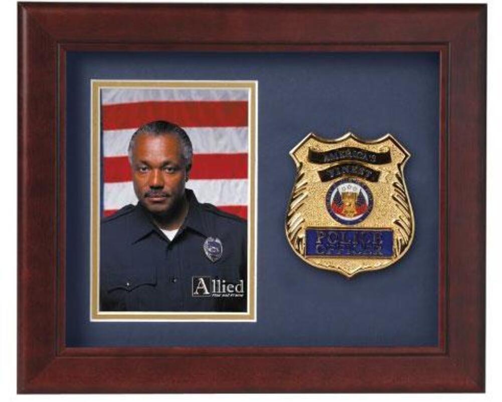 Mahogany wooden picture frame featuring a die-cast Police Officer medallion, designed for a 4x6 inch vertical photo.