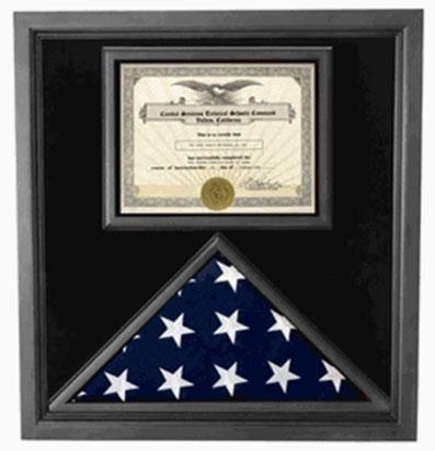 Premium solid wood flag case displaying a folded American flag and certificate, elegantly designed for veterans' tribute.