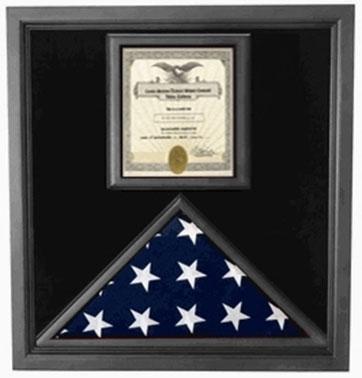 Flag Connections Premium USA-Made Solid Wood Flag Document Case in Black with clear plexiglass front, showcasing a flag and certificate.