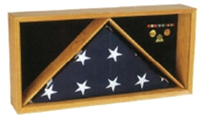 Rectangle Flag Medal Case displaying a flag and medals, featuring a sleek wooden frame and clear glass front for protection and visibility.