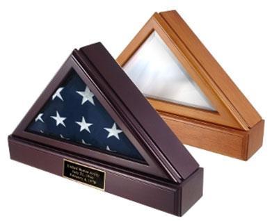 Flag Connections Retirement Flag case showcasing a 3ft x 5ft flag with beveled glass front and oak finish.