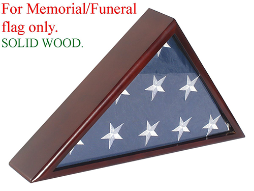 Flag Connections Solid Wood Memorial Flag Display Case Frame showcasing a folded 5'X9.5' flag, crafted from solid beechwood with a mahogany finish and real glass front.