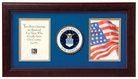 Mahogany colored dual picture frame featuring U.S. Air Force medallion, designed for two 4x6 inch photos.