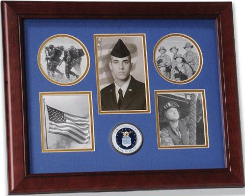 U.S. Air Force collage frame with five photo openings and a central medallion, featuring elegant golden accents and a mahogany stained finish.