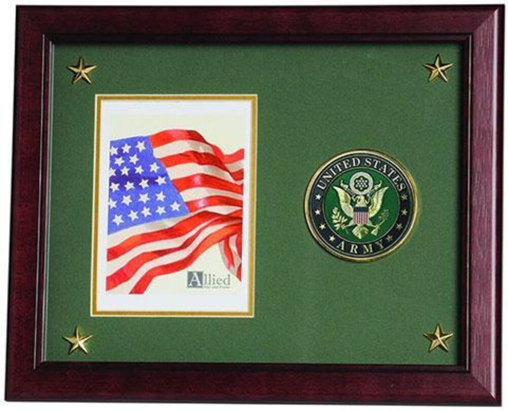 Elegant U.S. Army vertical picture frame with a 5x7 photo opening and large medallion, adorned with golden plated stars.