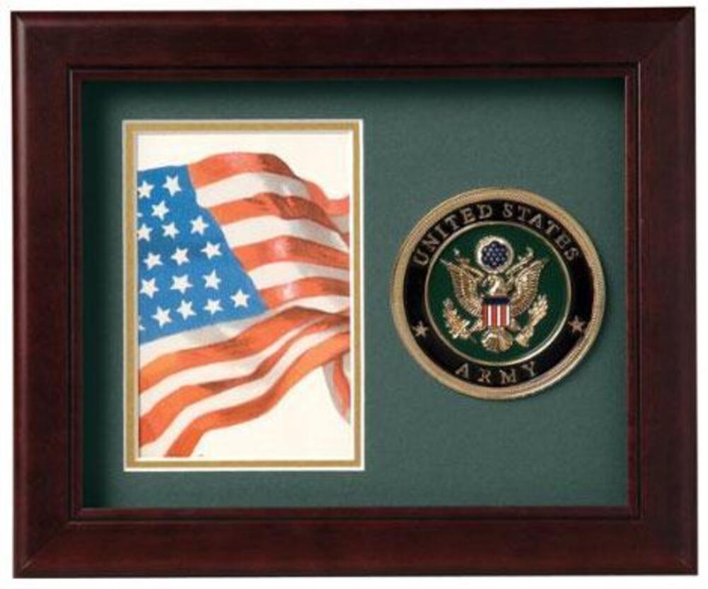 Mahogany colored wooden picture frame with U.S. Army medallion, designed for 4x6 inch vertical photos.