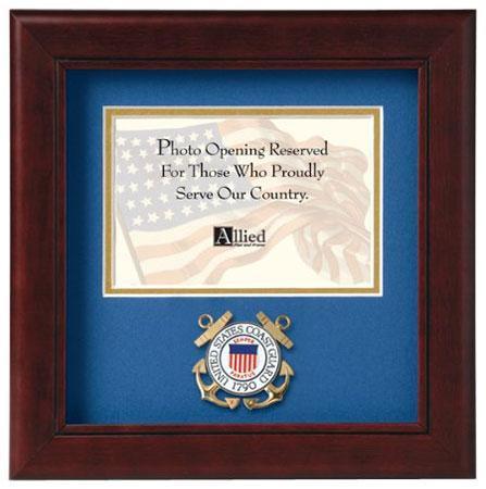 Mahogany colored wooden picture frame with U.S. Coast Guard medallion, designed for 4x6 inch photos.