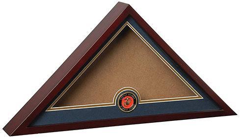 Rich mahogany display case for US Marine Corps burial flag with glass insert and medallion.