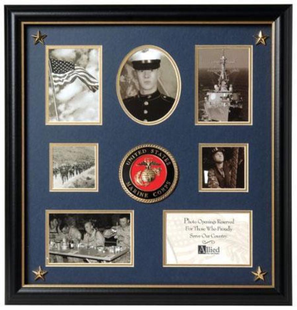 Elegant black wooden collage frame with gold trim and Marine Corps medallion, holding 7 photos.