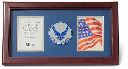 US Air Force Wings Medallion Double Picture Frame with blue matting and gold trim, displaying two vertical photo openings.