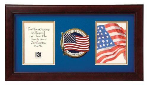 Flag Connections US American Flag Medallion Double Picture Frame with blue matting and gold trim, displaying two vertical photos.