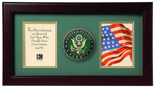 Flag Connections US American Flag Medallion Double Picture Frame with Army green matting and gold trim, displaying two 4x6 inch photos.